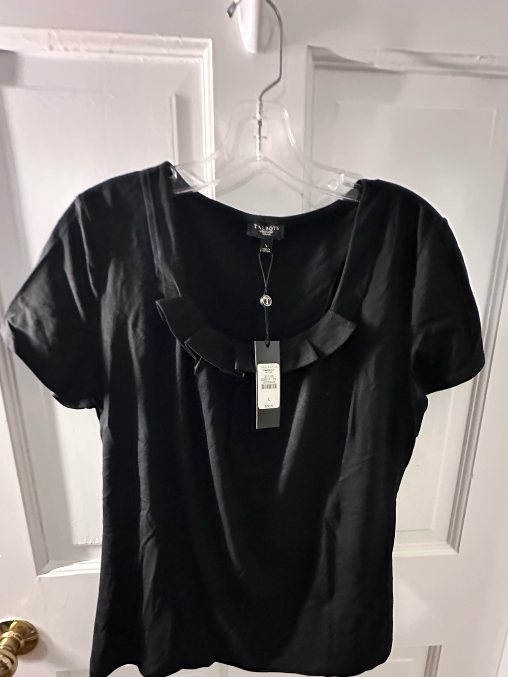 Talbots Black Short-Sleeve Top with Ruffle Neck